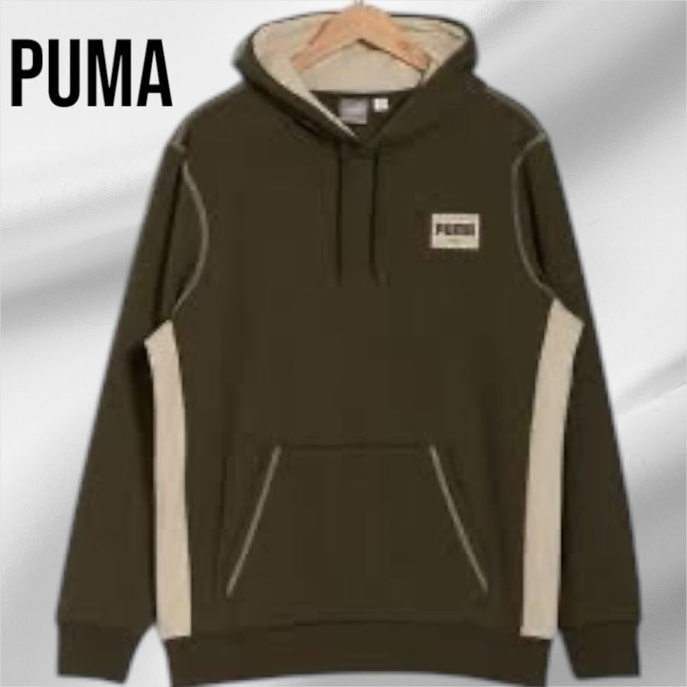 PUMA Men’s Patched Up Fleece Pullover Hoodie in the Size Medium in Olive Green
